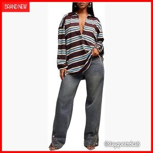 Striped Collared V-Neck Long Sleeve Tee, Streetwear Top, Regular Fit